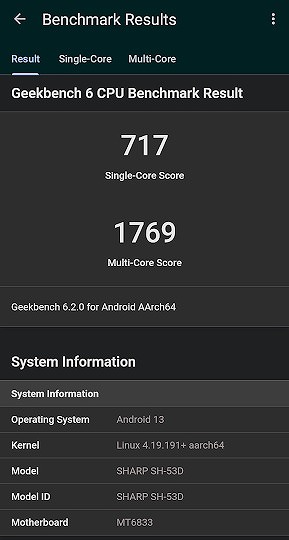 ドコモ AQUOS wish3 SH-53D Geekbench6 ベンチマーク