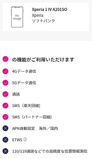 ソフトバンク Xperia 1 IV A201SO 楽天モバイル 使える